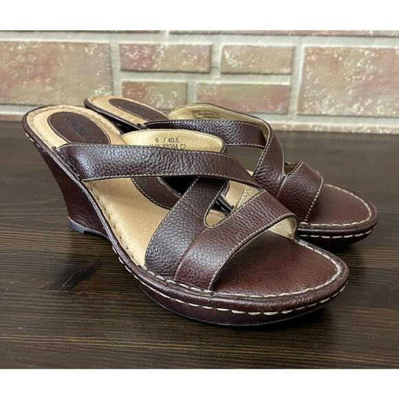 Born Sandals BrownLeather Open Toe Criss Cross Straps Platform Wedge Size 9 - Picture 1 of 9